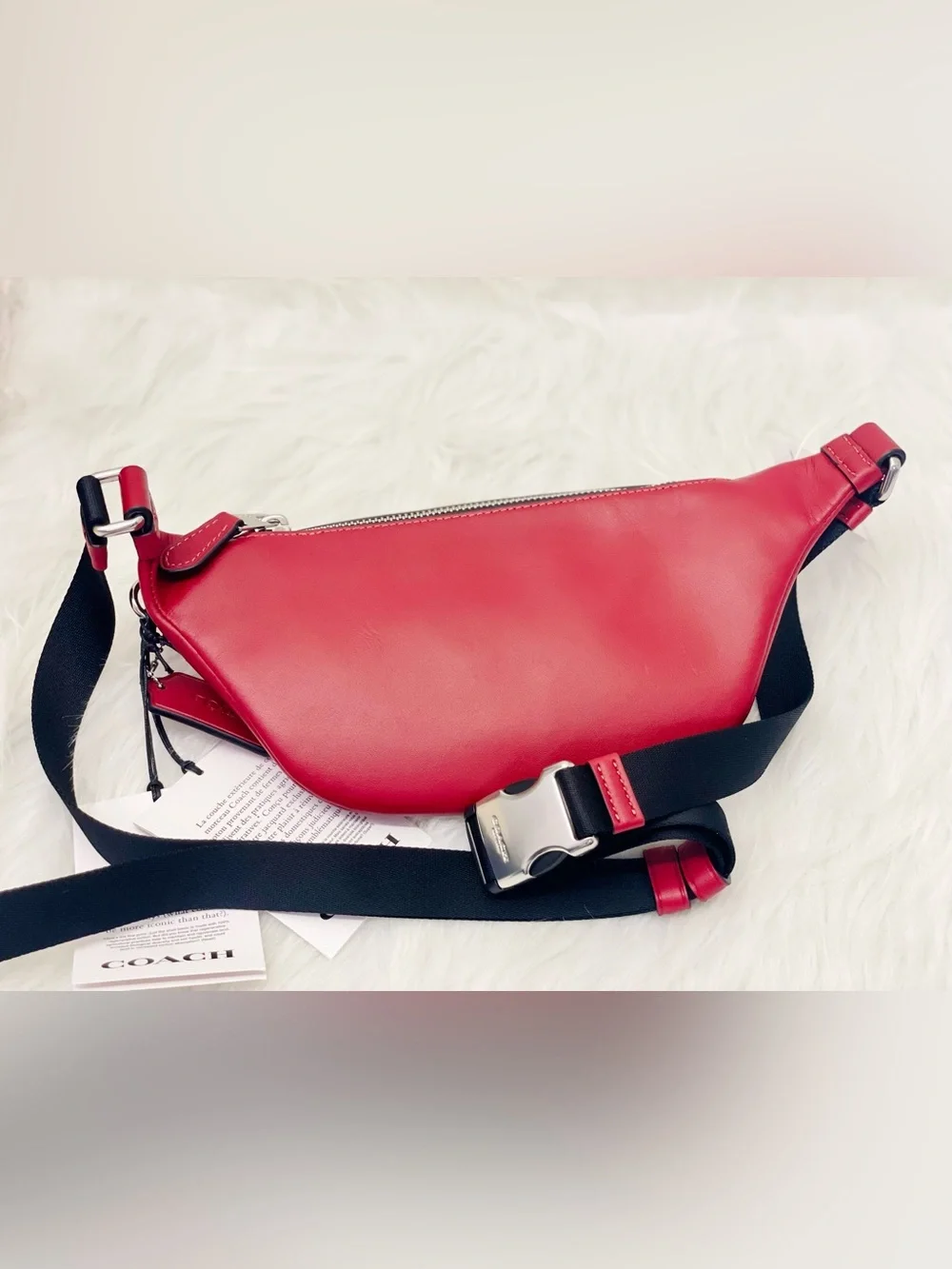 NWT Coach Warren Mini Signature Denim & Leather Belt Bag CAJ43 Ruby Red